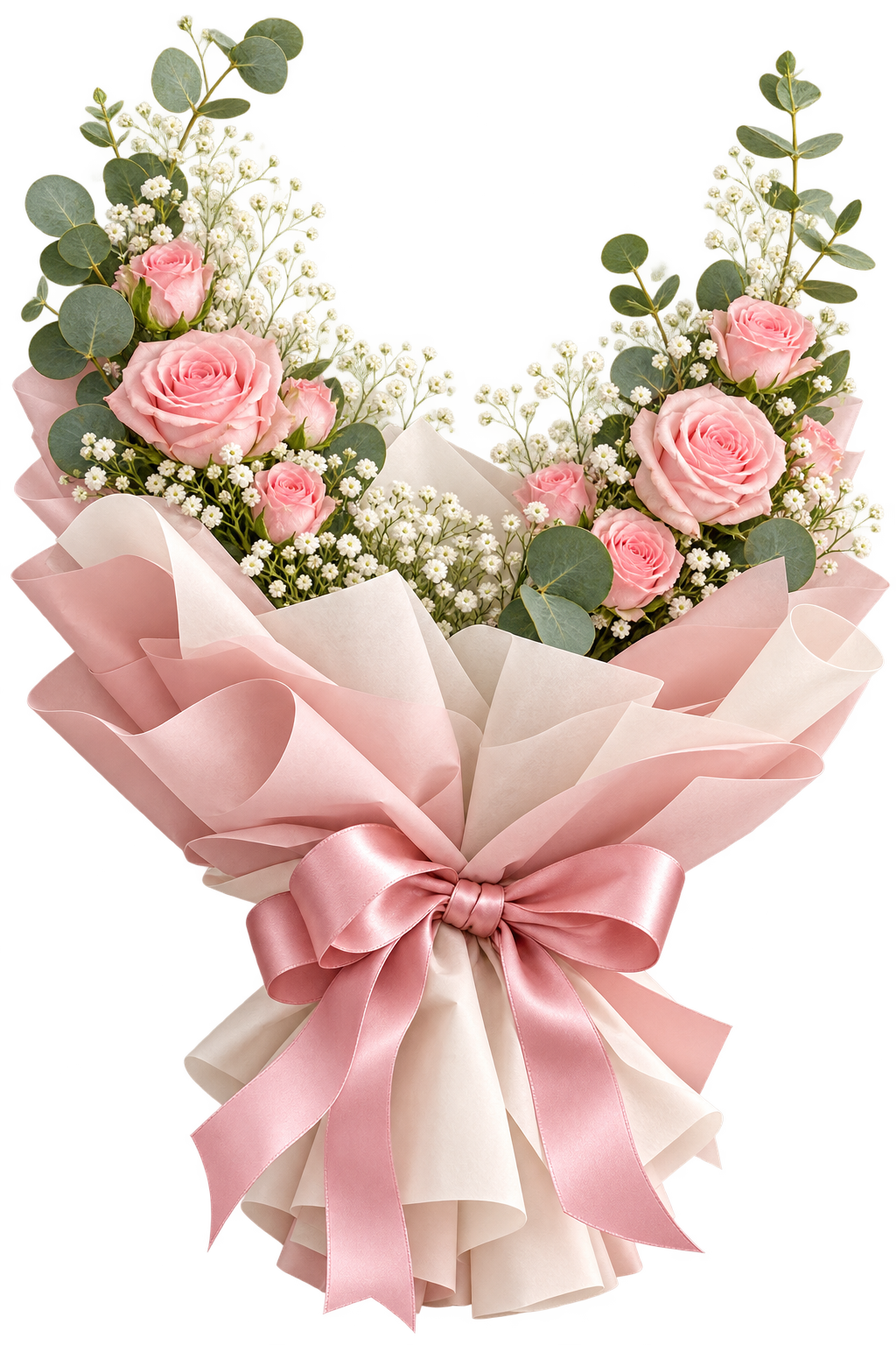Bó hoa hồng giấy hồng và nơ satin